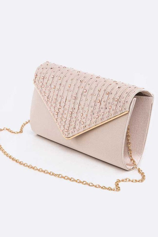 Crystal Pave Pleated Satin Envelope Clutch - Champagne | Women Outfits