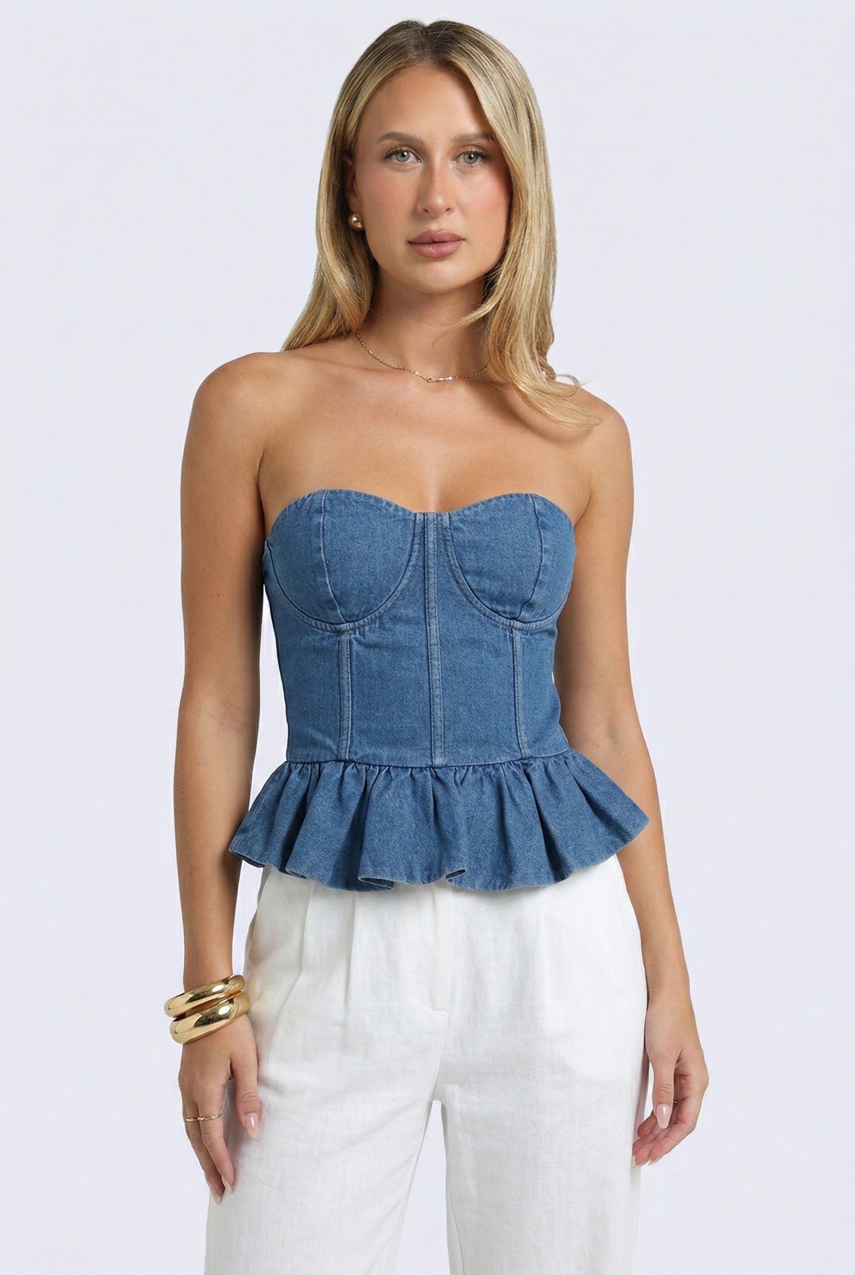 denim peplum dress Washed Ashore Peplum Corset Denim Top – Lithologie Co