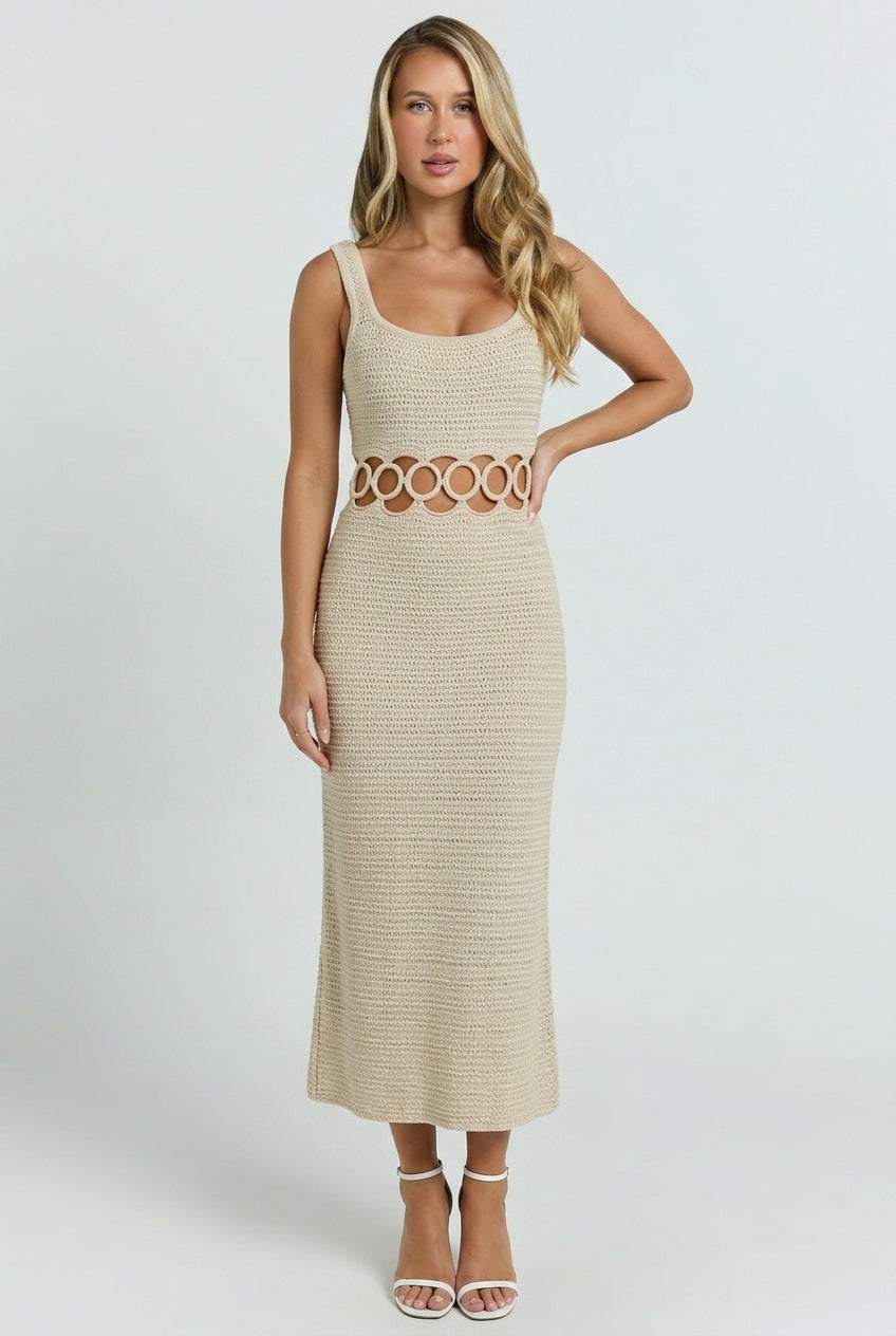 Bali Square Neck Sleeveless Crochet Midi Dress