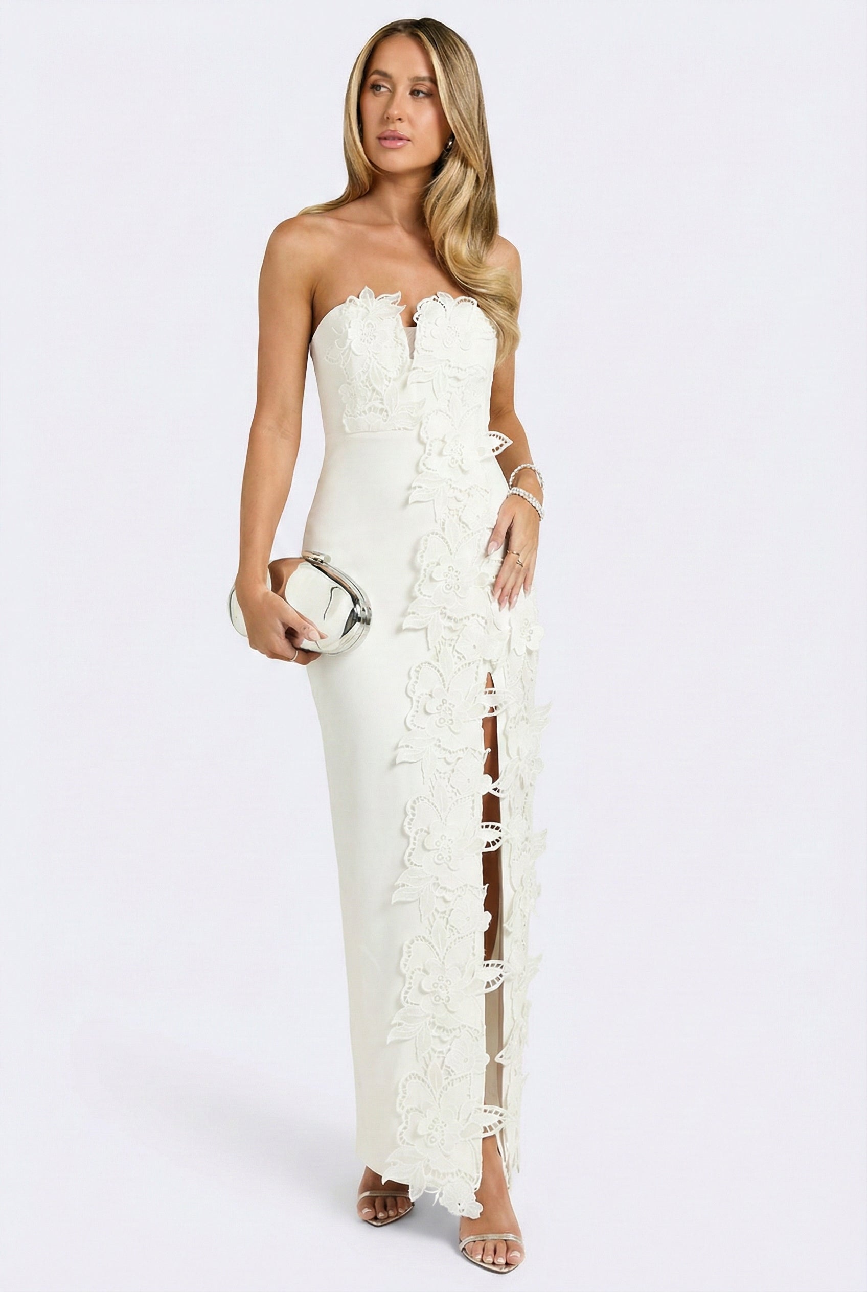 floral applique maxi dress Éloise Ceremony Floral Appliqué Column Maxi Dress Preorder / White / M
