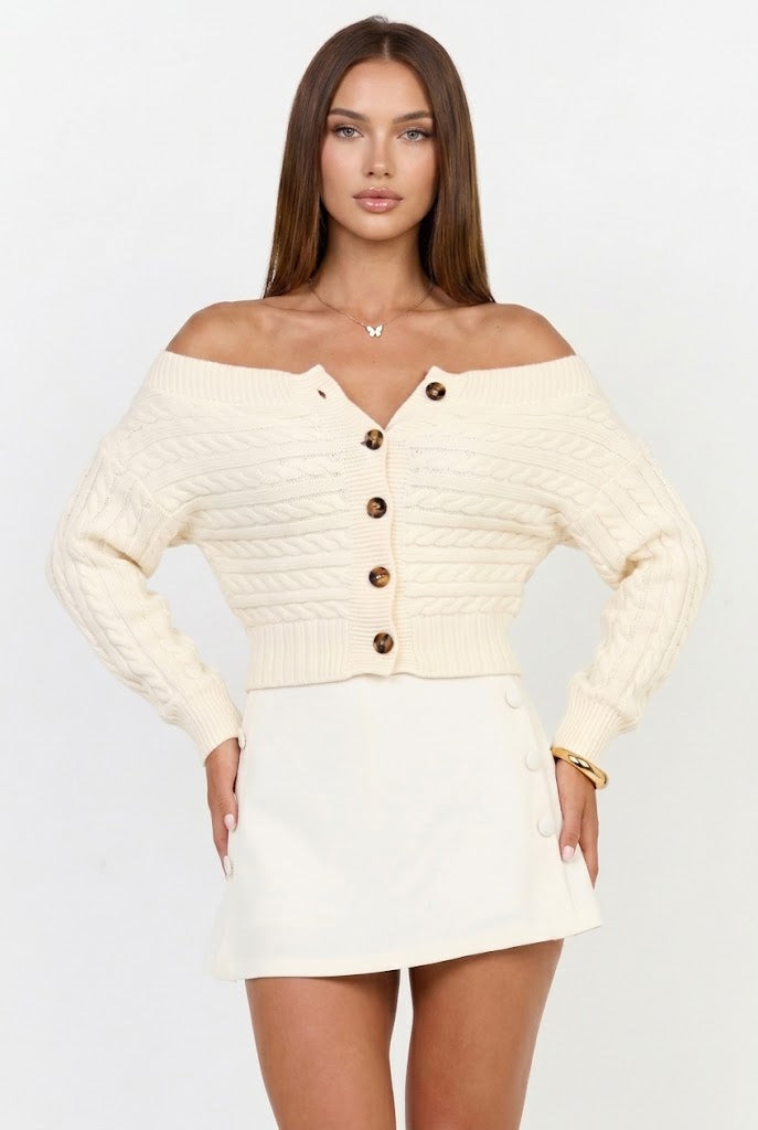 Sutton Off-Shoulder Cable Knit Cardigan