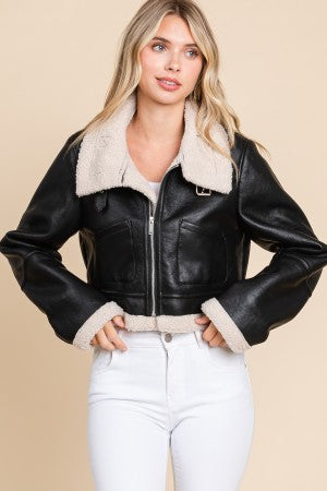 Vegan Leather Sherpa Collared Jacket