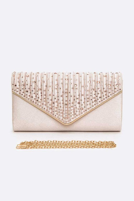 Crystal Pave Pleated Satin Envelope Clutch - Champagne