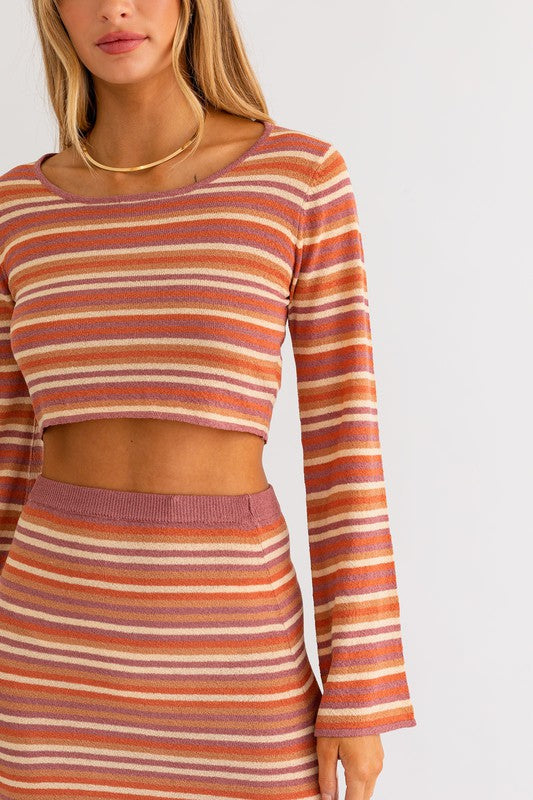Orange Multi Striped Long Sleeve Crop Top
