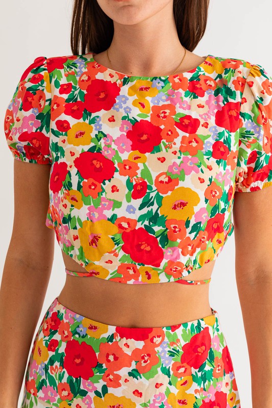 French Riviera Floral Short Sleeve Back Tie Crop Top - Final Sale