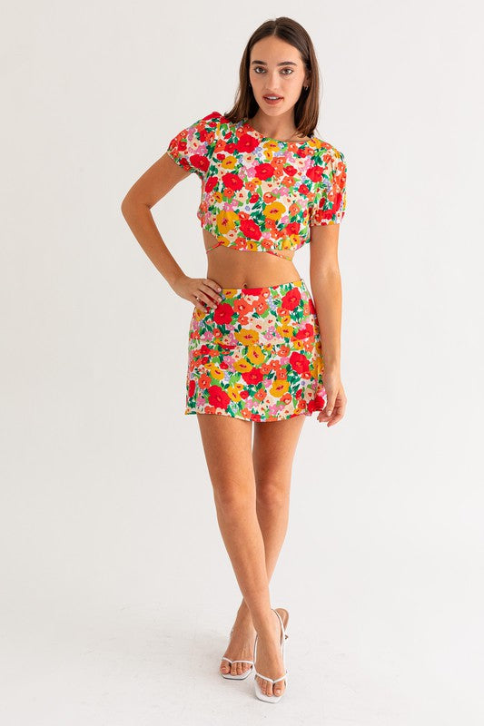 French Riviera Floral Short Sleeve Back Tie Crop Top - Final Sale