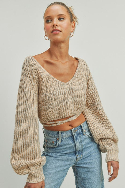 Show Don't Tell Open Back Cropped Sweater -  Taupe