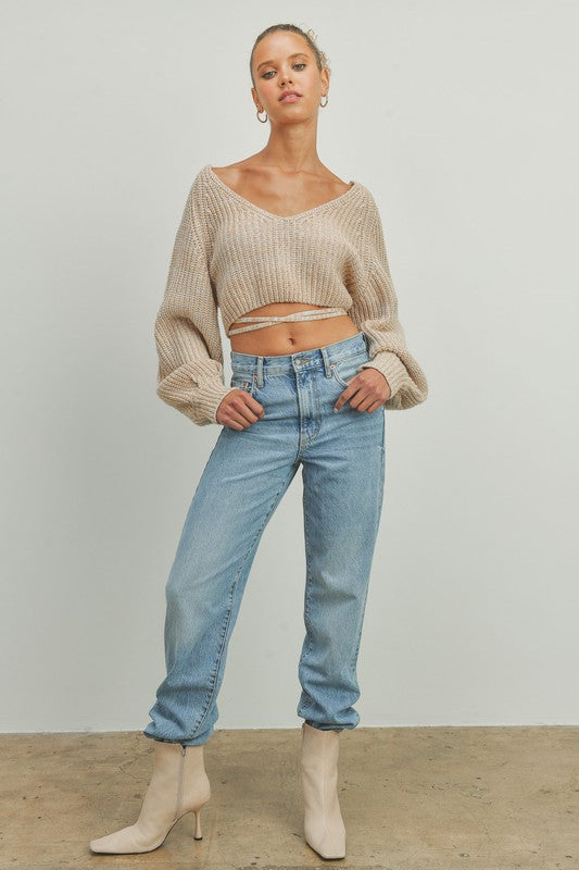 Show Don't Tell Open Back Cropped Sweater -  Taupe