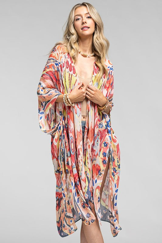 Rose Abstract Open Front Kimono