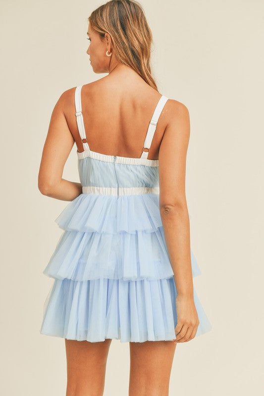 Cotton Candy Tulle Ruffle Tiered Mini Dress - Light Blue