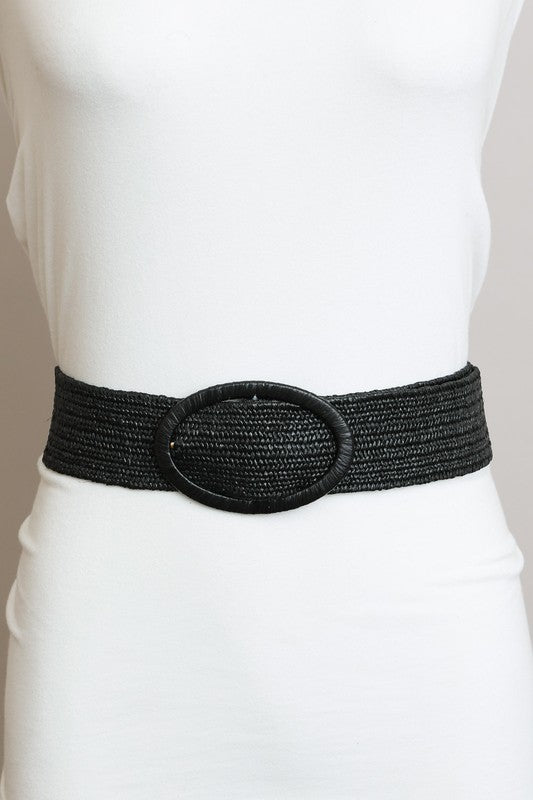 Raffia-Wrapped Oval Buckle Stretch Belt