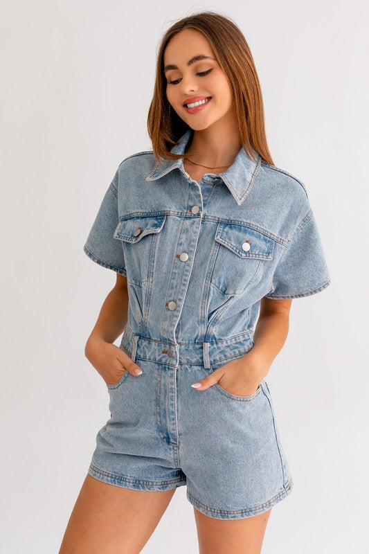 One & Only Denim Short Pocketed Romper