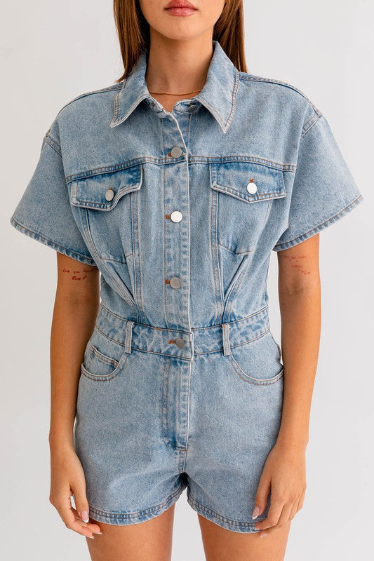 One & Only Denim Short Pocketed Romper