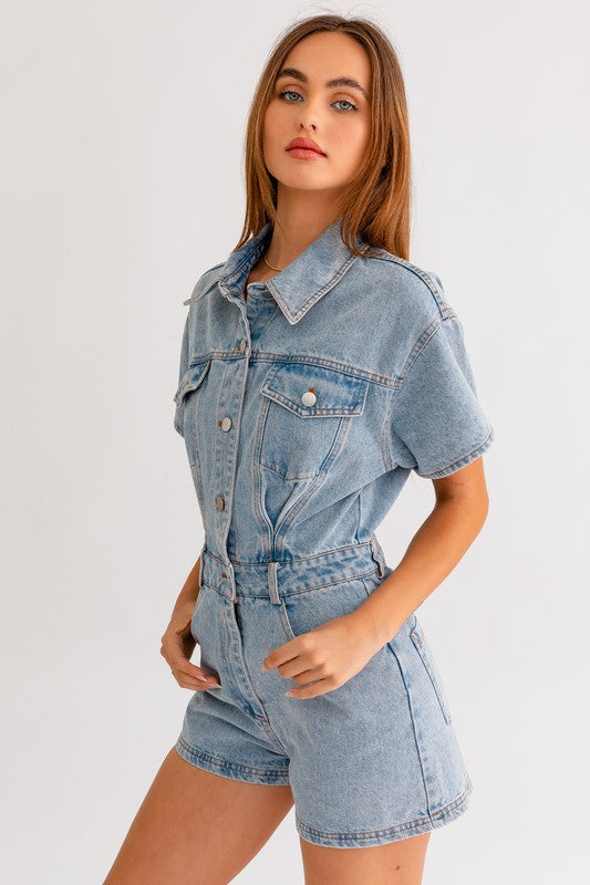 One & Only Denim Short Pocketed Romper