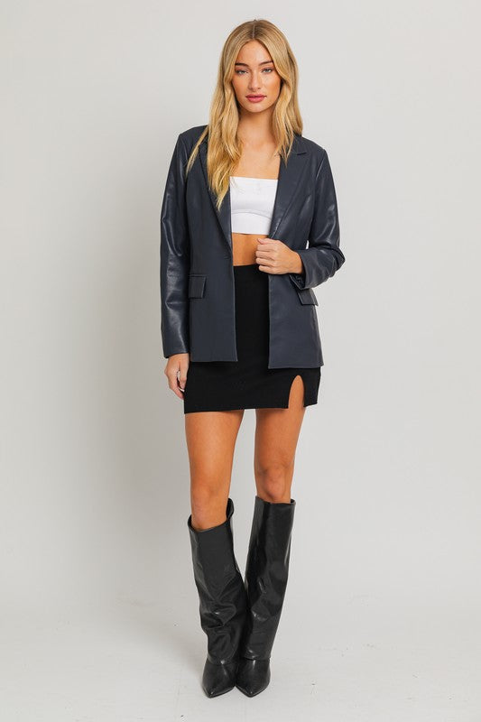 Uptown Girl Navy Pocketed Vegan Leather Blazer