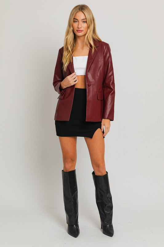 Uptown Girl Pocketed Vegan Leather Blazer