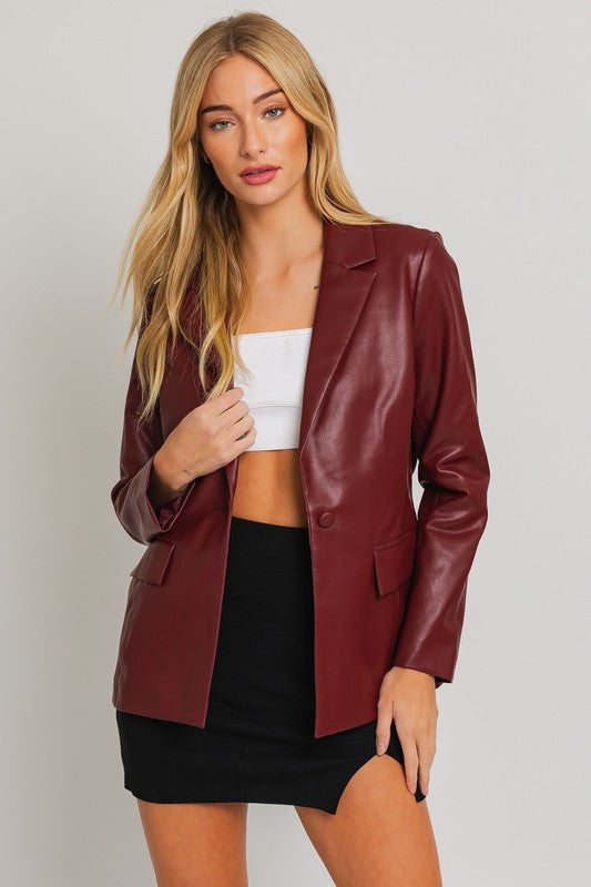 Uptown Girl Pocketed Vegan Leather Blazer