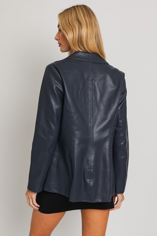 Uptown Girl Navy Pocketed Vegan Leather Blazer