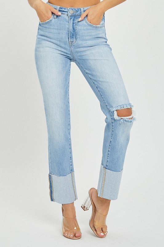 Light Denim High Rise Wide Cuffed Straight Jeans