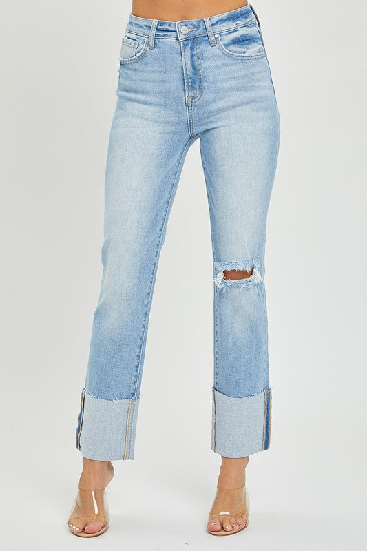 Light Denim High Rise Wide Cuffed Straight Jeans