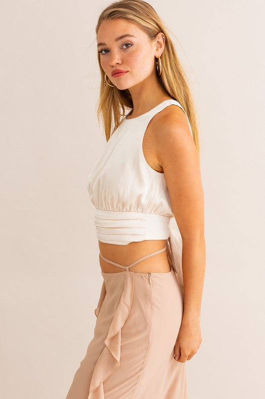 First Impressions Satin Ruched Cropped Top