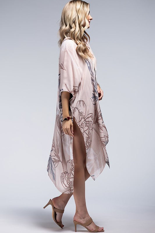 Beige Floral Print Open Front Kimono