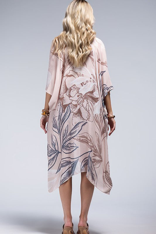 Beige Floral Print Open Front Kimono