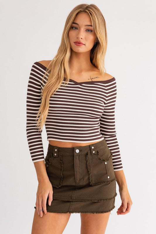 Raven Off Shoulder Striped Ribbed Long Sleeve Top