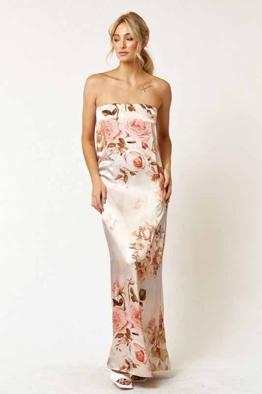 Milan Floral Satin Tube Maxi Dress