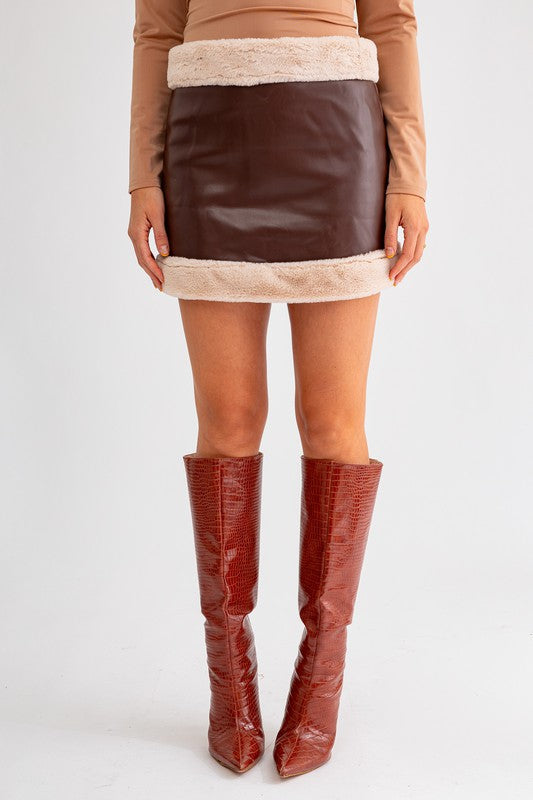 Take Me To The Alps Vegan Fur Lined Leather Mini Skirt