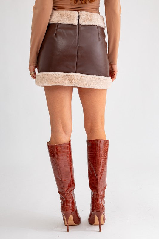 Take Me To The Alps Vegan Fur Lined Leather Mini Skirt