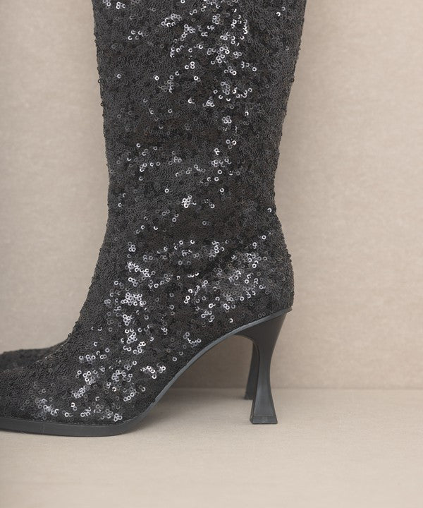 Jewel Knee High Sequin Heeled Boots