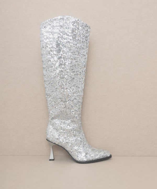 Jewel Knee High Sequin Heeled Boots