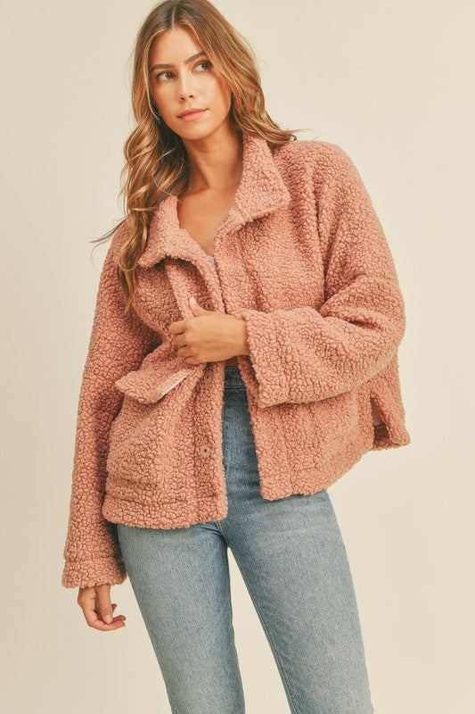 Amsterdam Fluffy Oversized Pocketed Sherpa Jacket - Mauve Pink