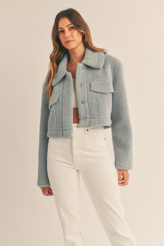 Leavenworth Sherpa Cropped Jacket - Dusty Blue | casual outfit