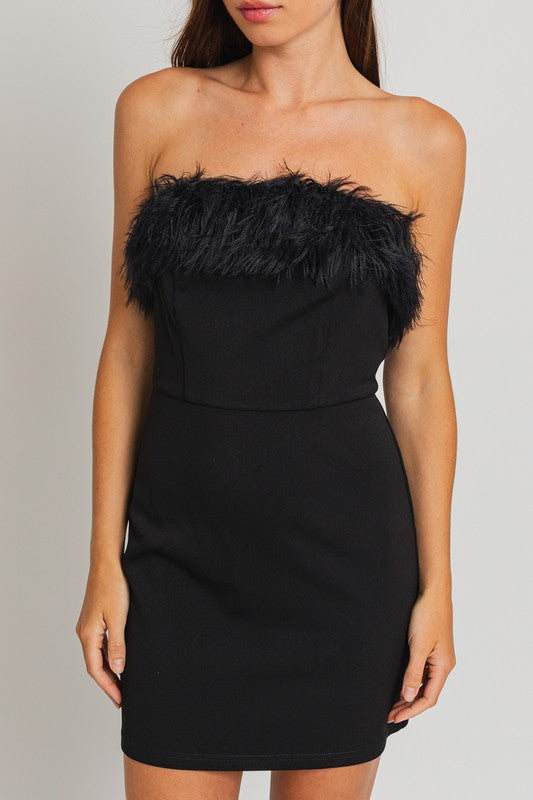 Until The End Fur Fringe Mini Dress - Black