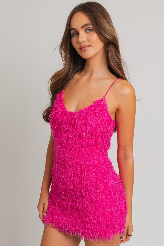 She Is The Party Hot Pink Feather Mini Dress - Final Sale