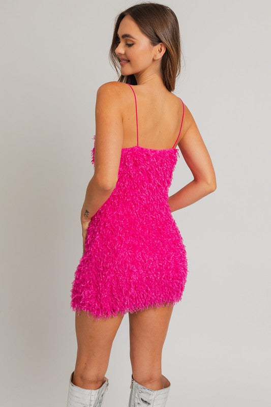 She Is The Party Hot Pink Feather Mini Dress - Small - Final Sale