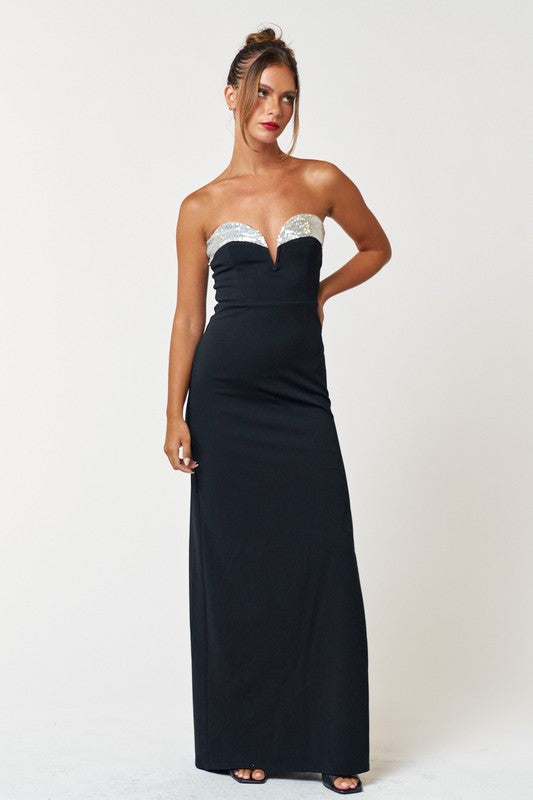 Black Tie Glitz Sequin Tube Maxi Dress