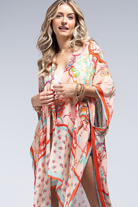 Peachy Watercolor Floral Open Front Kimono