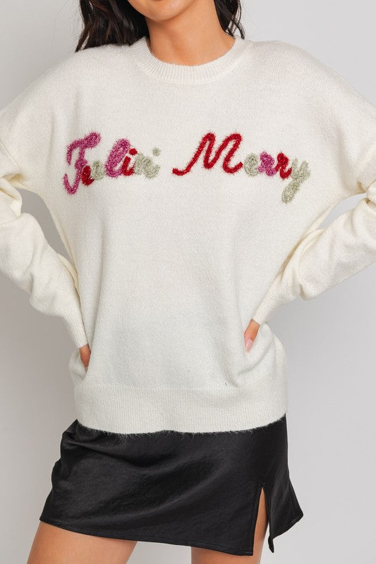 Feelin' Merry Multi Color Embroidered Knit Sweater
