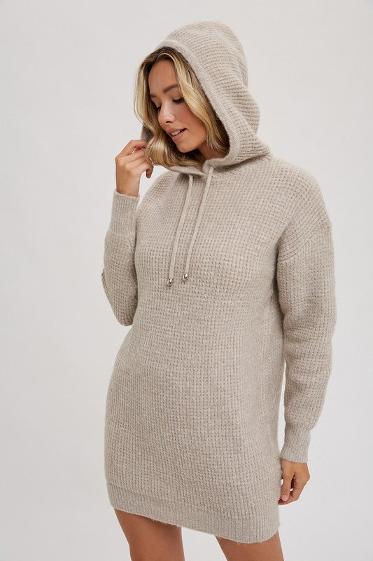 Casual Afternoon Waffle Knit Hooded Tunic Sweater Dress