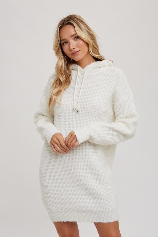 Casual Afternoon Waffle Knit Hooded Tunic Sweater Dress