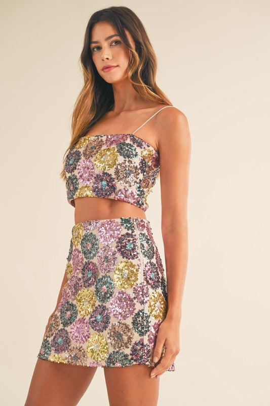 Get This Party Started Floral Sequin Top and Mini Skirt Set
