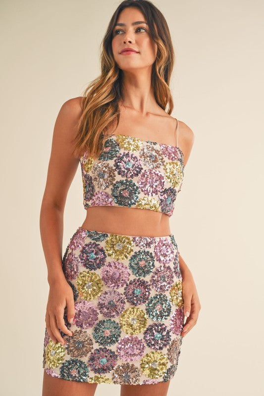Get This Party Started Floral Sequin Crop Top