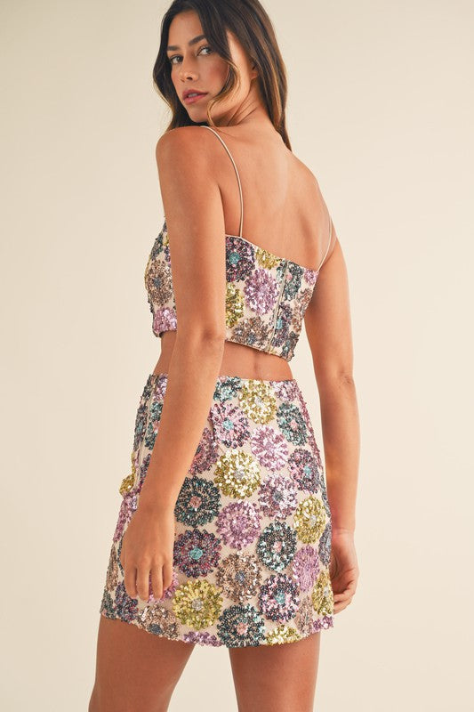 Get This Party Started Floral Sequin Mini Skirt