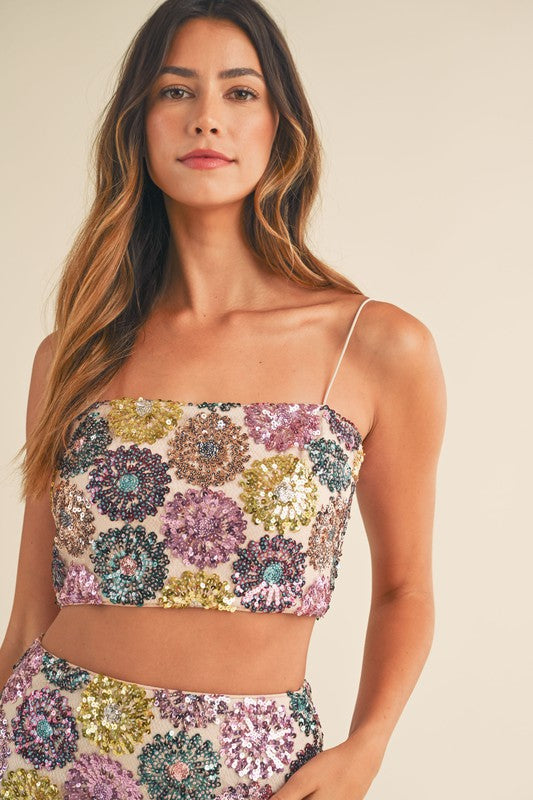 Get This Party Started Floral Sequin Top and Mini Skirt Set