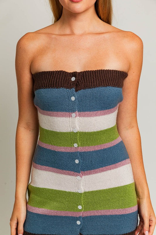 Coastal Fall Strapless Striped Sweater Mini Dress