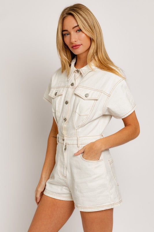 One and Only Denim Chic Short Pocketed Romper