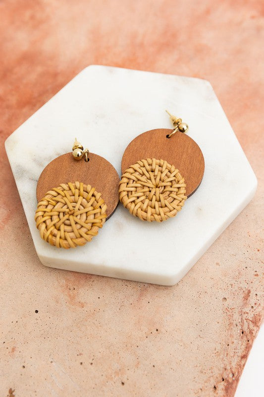 Turks Wooden Accent Round Straw Earrings